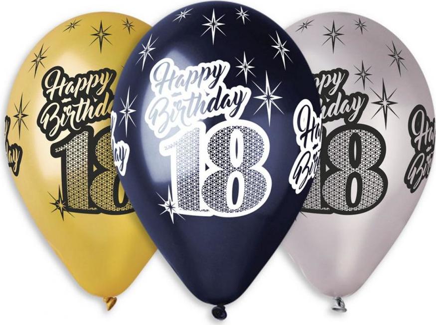 Prémiové balónky "Happy Birthday 18", metalické, 12" / 6 ks.