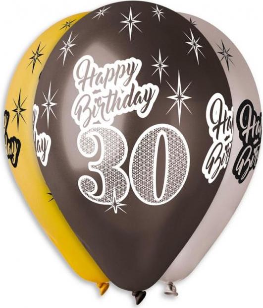 Prémiové balónky "Happy Birthday 30", metalické, 12" / 6 ks.