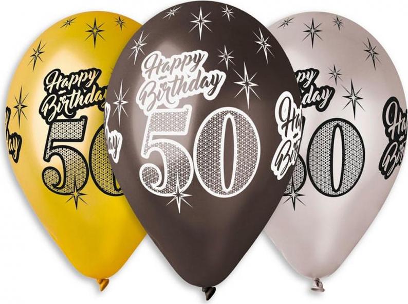 Prémiové balónky "Happy Birthday 50", metalické, 12" / 6 ks.