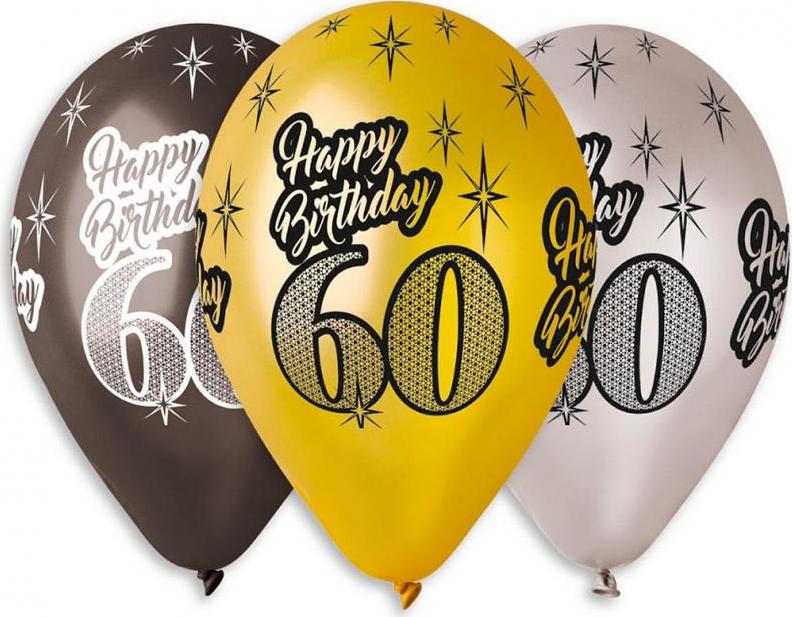 Prémiové balónky "Happy Birthday 60", metalické, 12" / 6 ks.
