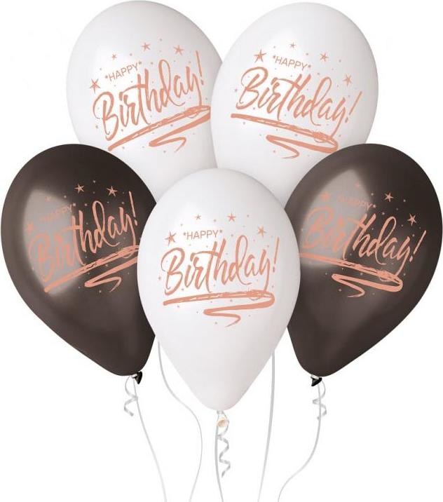 Prémiové balónky Helium "Happy Birthday", bílé a černé, 13"/ 5 ks.