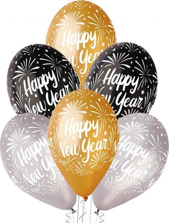 Prémiové balónky "Happy New Year", zlaté, stříbrné, černé, 12" / 6 ks.