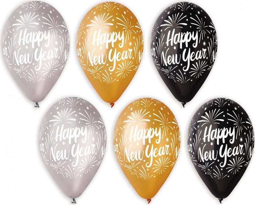 Prémiové balónky "Happy New Year", zlaté, stříbrné, černé, 12"/25 ks.
