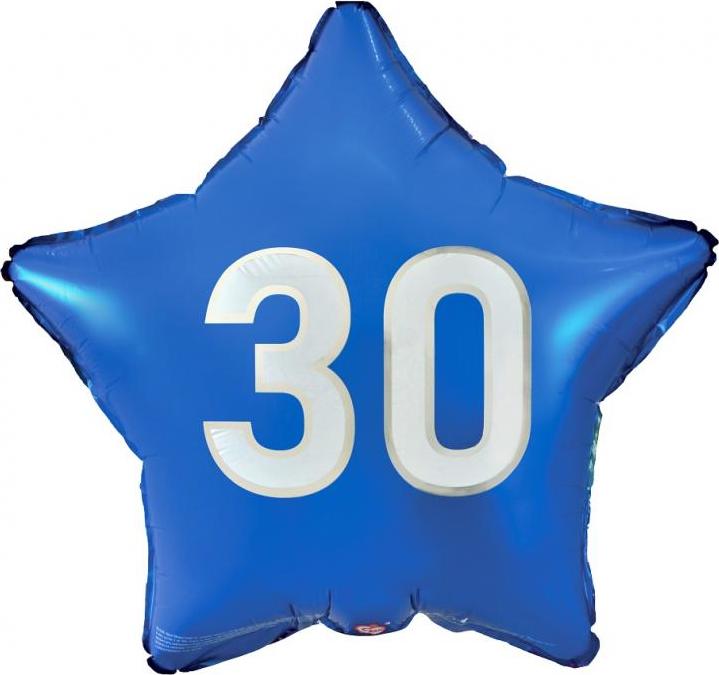 Fóliový balónek "30", modrá hvězda, bílý potisk, 19