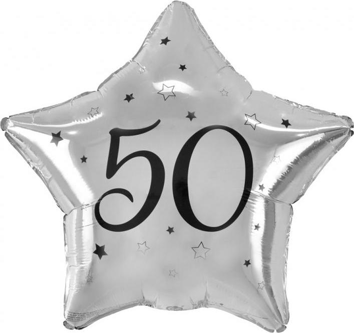 Fóliový balónek "50", stříbrná hvězda, černý potisk, 19