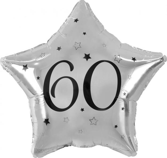 Fóliový balónek "60", stříbrná hvězda, černý potisk, 19