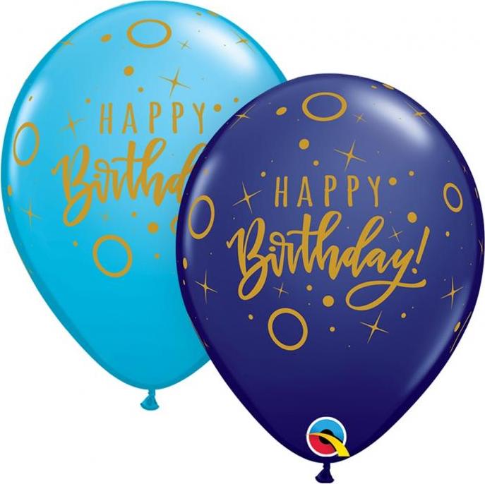 Qualatex Balónek QL 11" s potiskem "Happy Birthday - Dots & Sprinkles", tmavě modrá a modrý pastel / 25 ks.