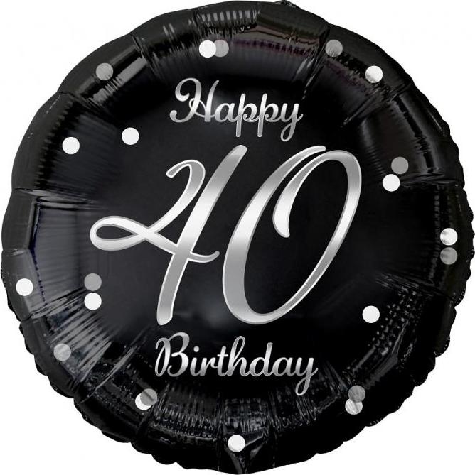Fóliový balónek B&C Happy 40 Birthday, černý, stříbrný potisk, 18