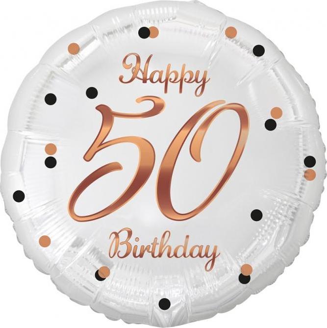 Godan / balloons B&C Happy 50 Birthday fóliový balónek, bílý, růžový a zlatý potisk, 18