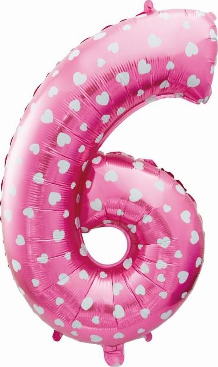 Godan / balloons Fóliový balónek "Number 6", růžový se srdíčky, 61 cm KK