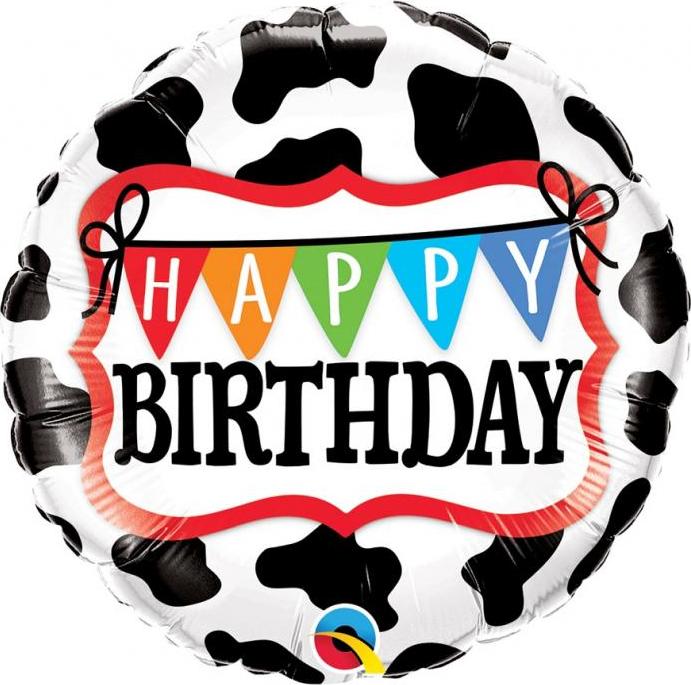 Qualatex Fóliový balónek 18" QL CIR "Happy Birthday - Holstein Cow Pattern