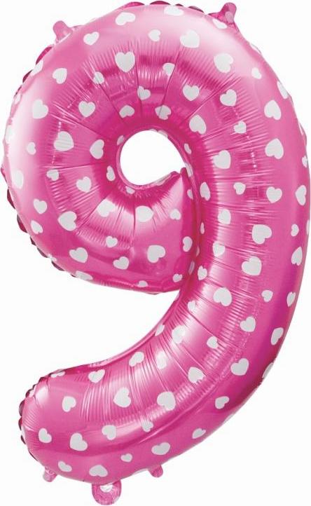 Godan / balloons Fóliový balónek "Číslo 9", růžový se srdíčky, 61 cm KK