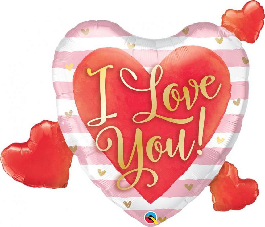 Qualatex Fóliový balónek 37" QL SHP "I Love You" srdce, růžové a bílé pruhy