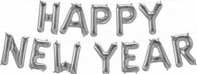 Qualatex Fóliový balónek 16" QL nápis "Happy New Year", stříbrná