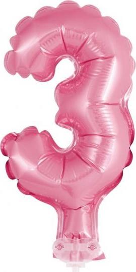 13 cm fóliový balónek na špejli "Číslice 3", růžový KK