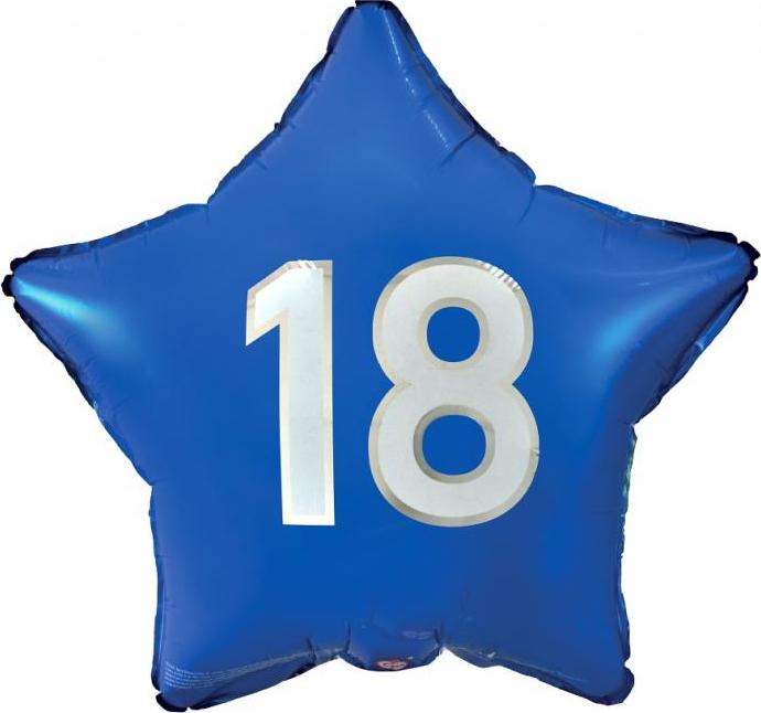 Fóliový balónek "18", modrá hvězda, bílý potisk, 19