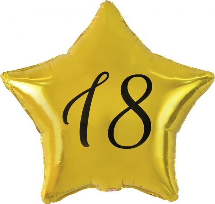Fóliový balónek "18", zlatá hvězda, černý potisk, 19