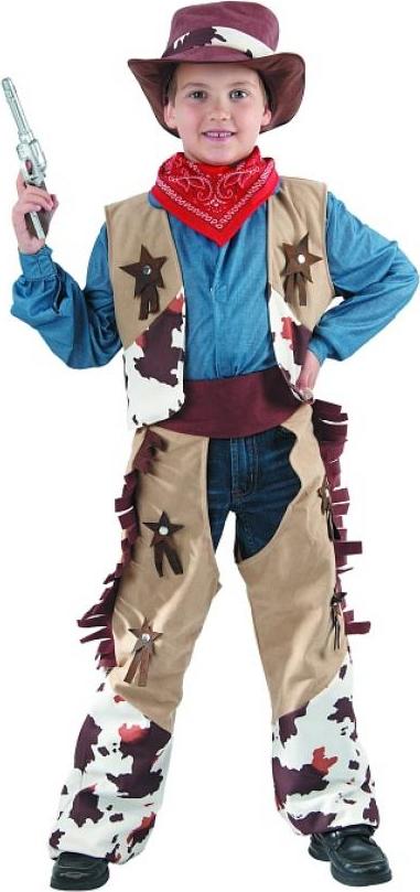 Godan / costumes Piebald Cowboy set (vesta, návleky na kalhoty, čepice, šála), velikost 120/130 cm