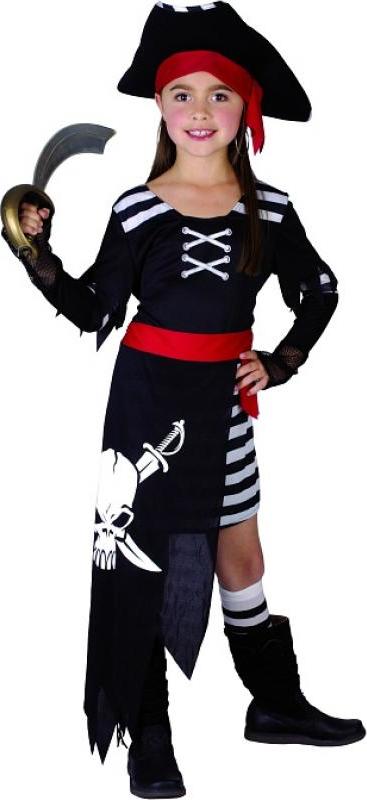 Godan / costumes Pirátská souprava s lebkou (šaty s páskem a rukávy, klobouk), velikost 110/120 cm