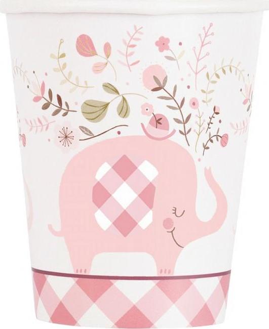 Unique party Papírové kelímky Floral Elephant, růžové, 266 ml, 8 ks (sup etiketa)
