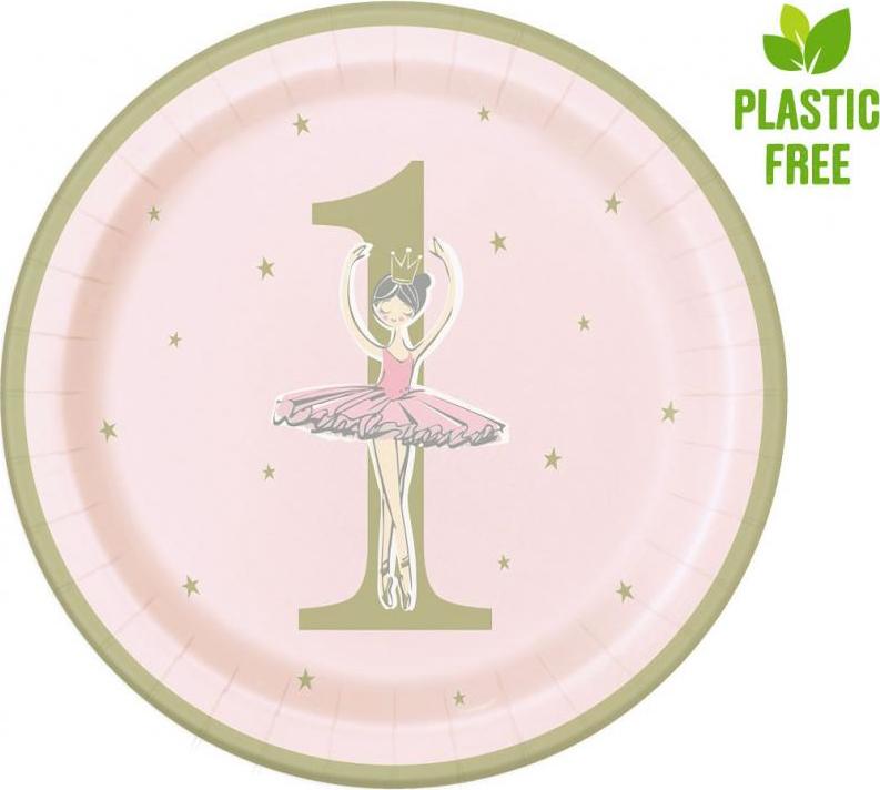 Unique party Papírové talíře pro baletku, růžové a zlaté, 1. narozeniny, 23 cm, 8 ks (bez plastu)