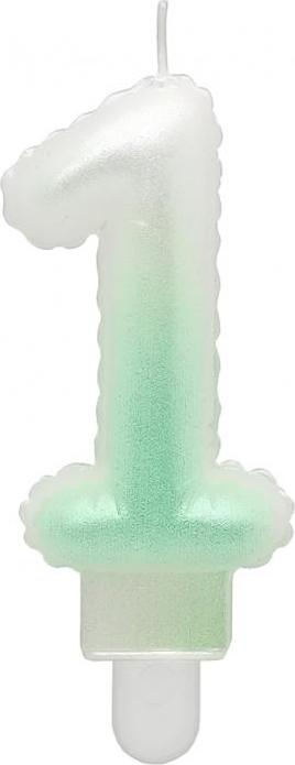 Godan / candles Svíčka číslo 1, ombre, perleťově bílá a zelená, 7 cm