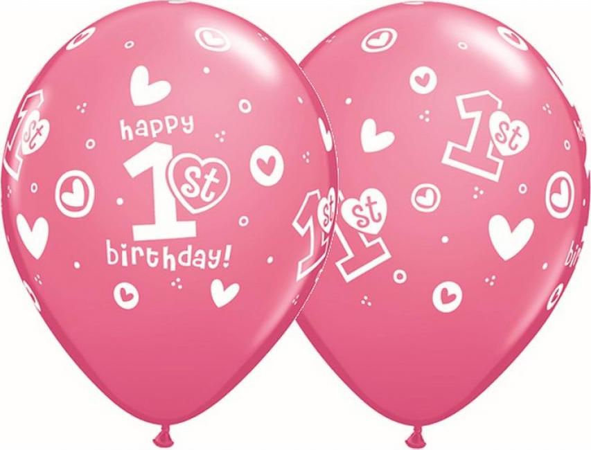 Qualatex Balón QL 11" s potiskem "1st Happy Birthday", pastelově růžový / 25 ks.