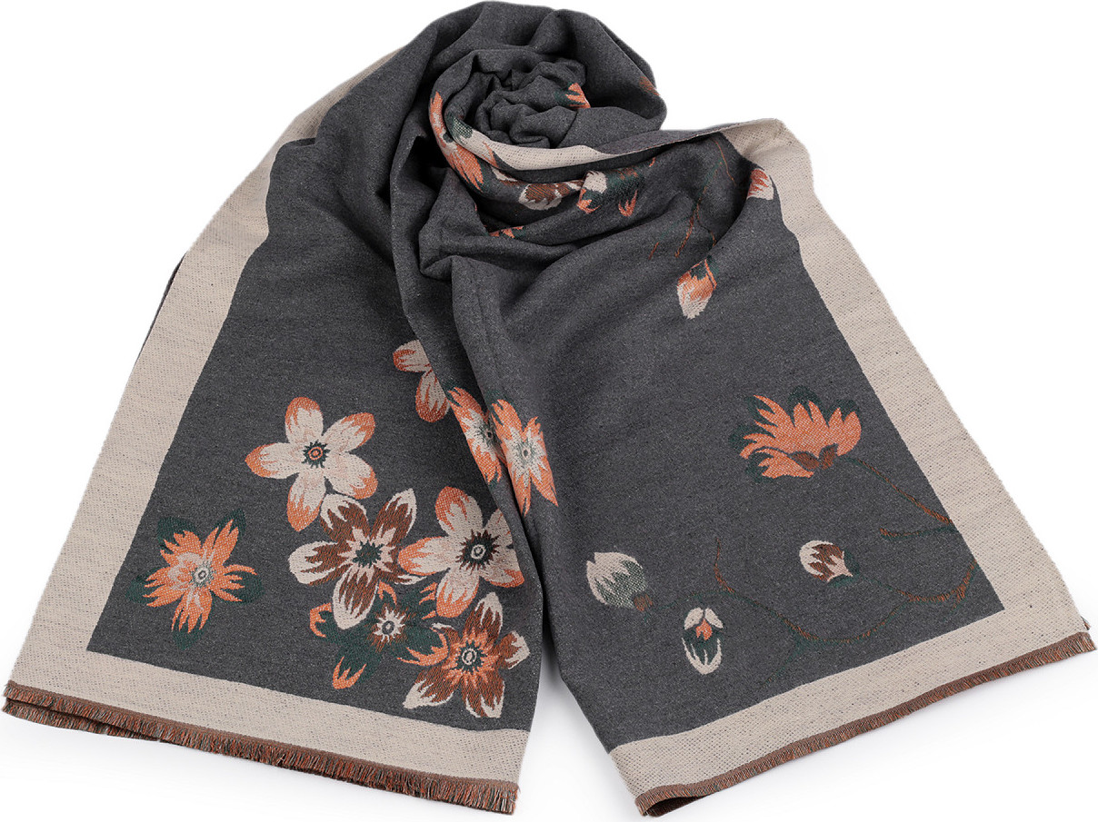 Šátek / šála typu kašmír s třásněmi, květy 65x190 cm Varianta: 7 šedá béžová světlá, Balení: 1 ks