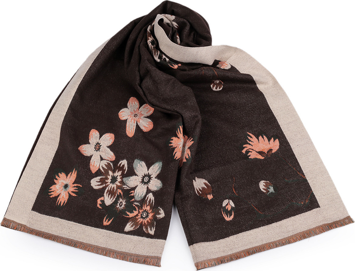 Šátek / šála typu kašmír s třásněmi, květy 65x190 cm Varianta: 2 béžová světlá hnědá, Balení: 1 ks
