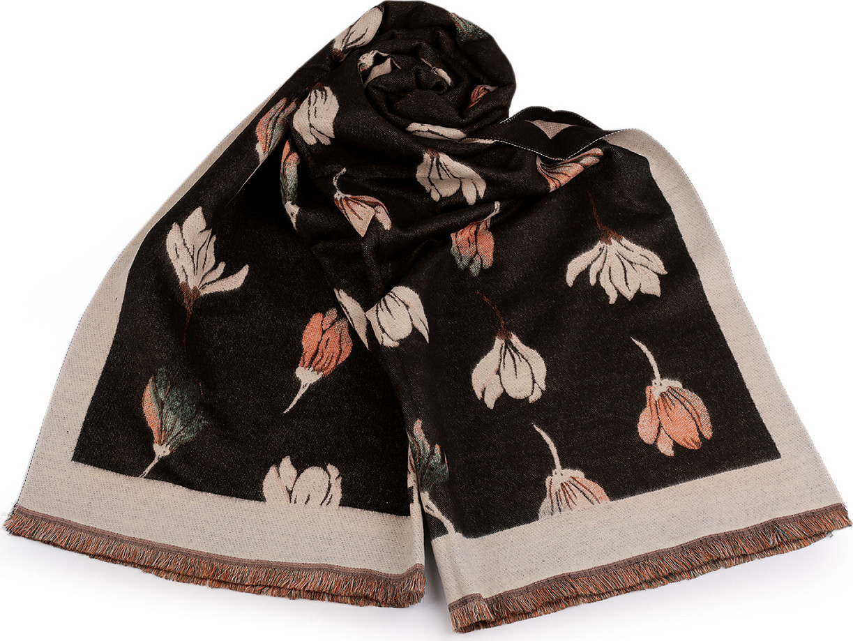 Šátek / šála typu kašmír s třásněmi, květy 65x190 cm Varianta: 11 hnědá tmavá béžová světlá, Balení: 1 ks