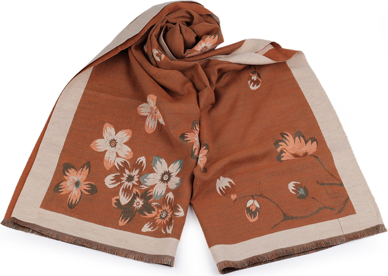Šátek / šála typu kašmír s třásněmi, květy 65x190 cm Varianta: 4 béžová tm. béžová světlá, Balení: 1 ks