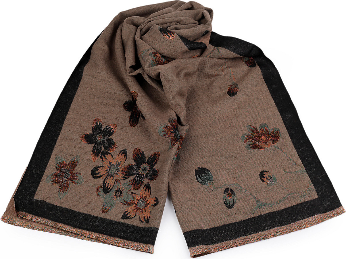 Šátek / šála typu kašmír s třásněmi, květy 65x190 cm Varianta: 6 béžová hnědá tmavá, Balení: 1 ks
