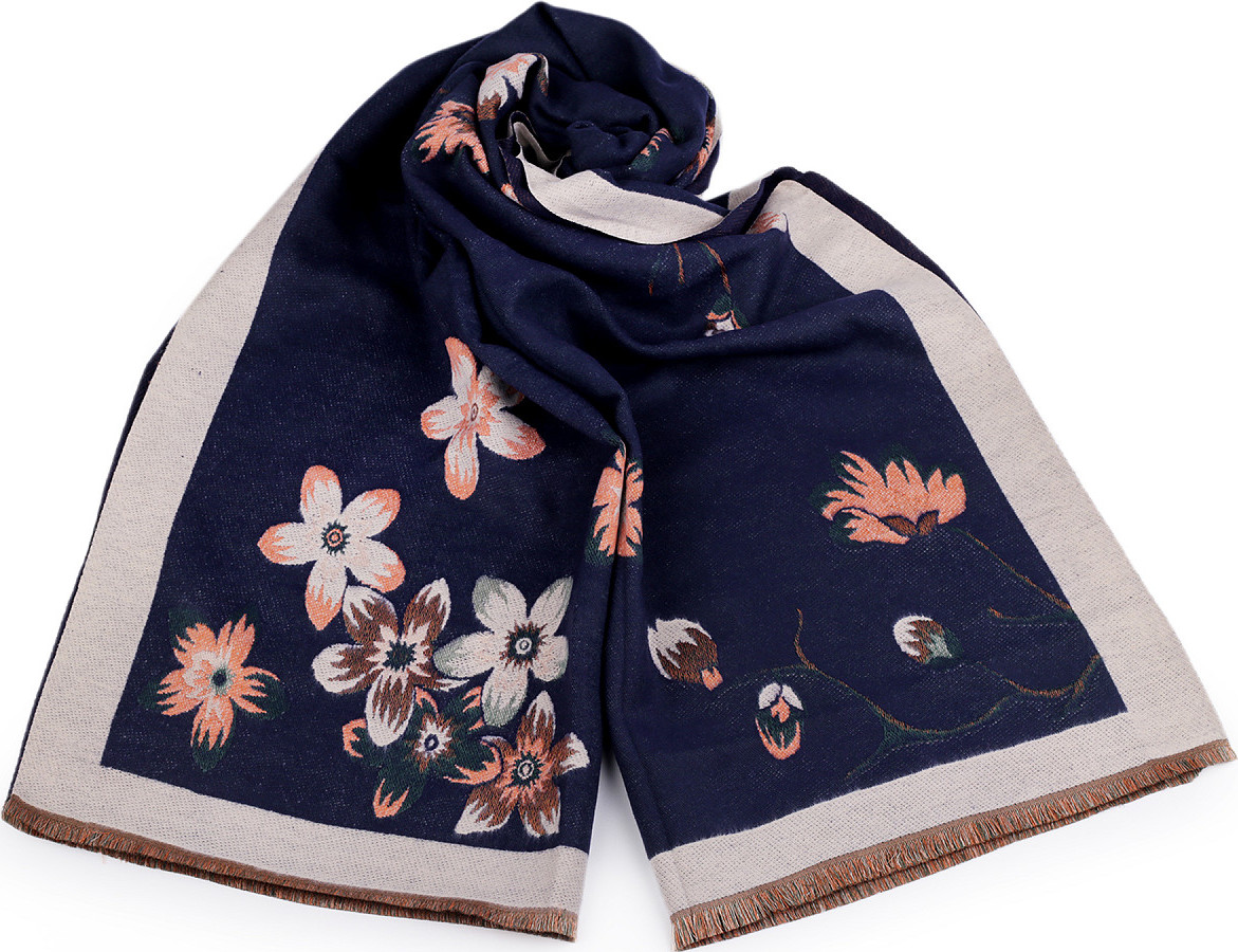 Šátek / šála typu kašmír s třásněmi, květy 65x190 cm Varianta: 9 modrá tmavá béžová světlá, Balení: 1 ks