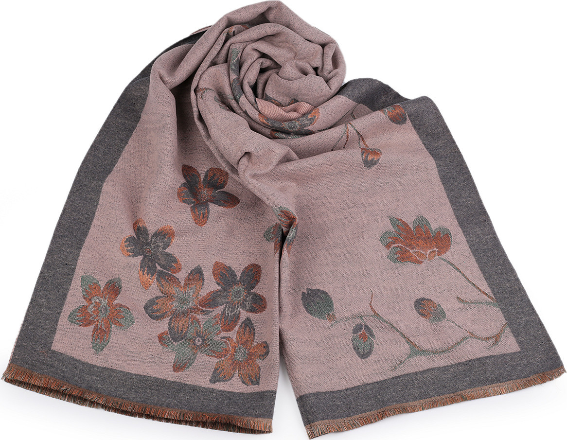 Šátek / šála typu kašmír s třásněmi, květy 65x190 cm Varianta: 1 pudrová šedá, Balení: 1 ks
