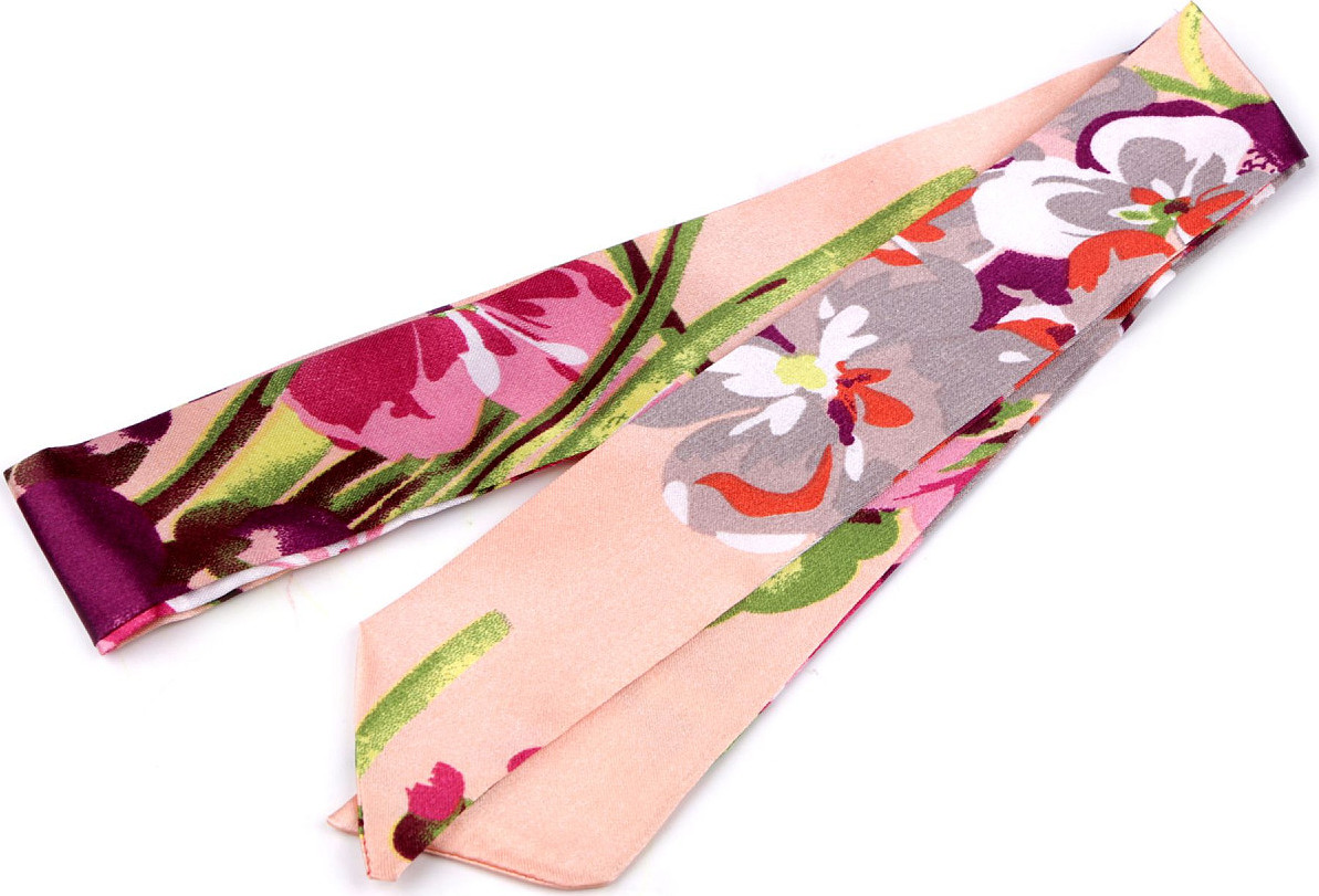 Šátek úzký do vlasů, na krk, na kabelku jednobarevný, s květy Varianta: 9 pudrová květy, Balení: 1 ks