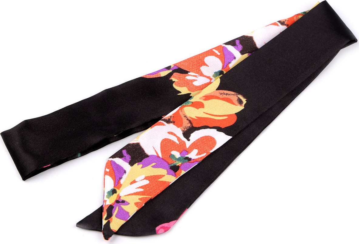 Šátek úzký do vlasů, na krk, na kabelku jednobarevný, s květy Varianta: 12 černá květy, Balení: 1 ks
