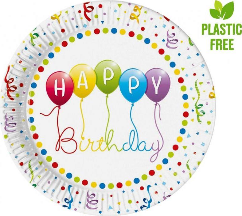 Procos Papírové talíře Happy Birthday Streamers, příští generace, 23 cm, 8 ks (bez plastu)