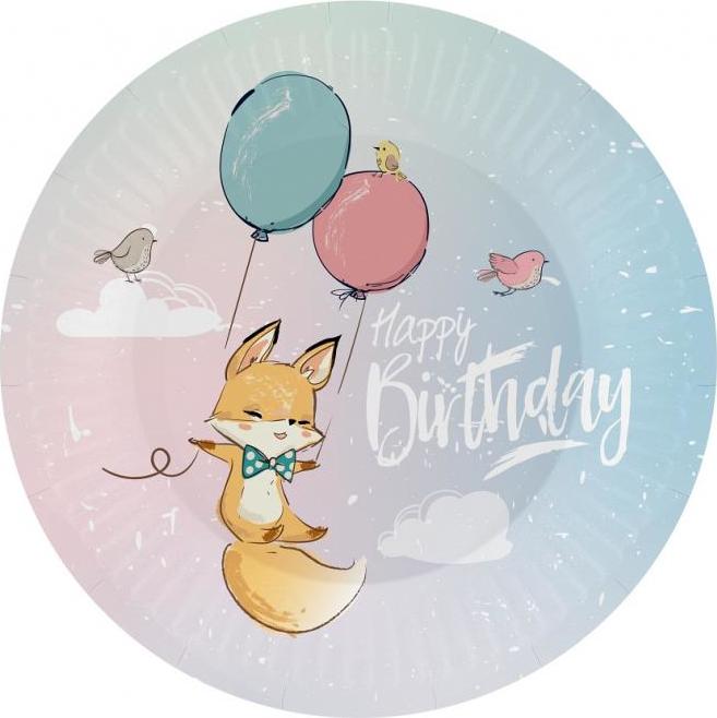 Godan / decorations Papírové talíře Happy Birthday Collection - Fox, 18 cm/ 6 ks.