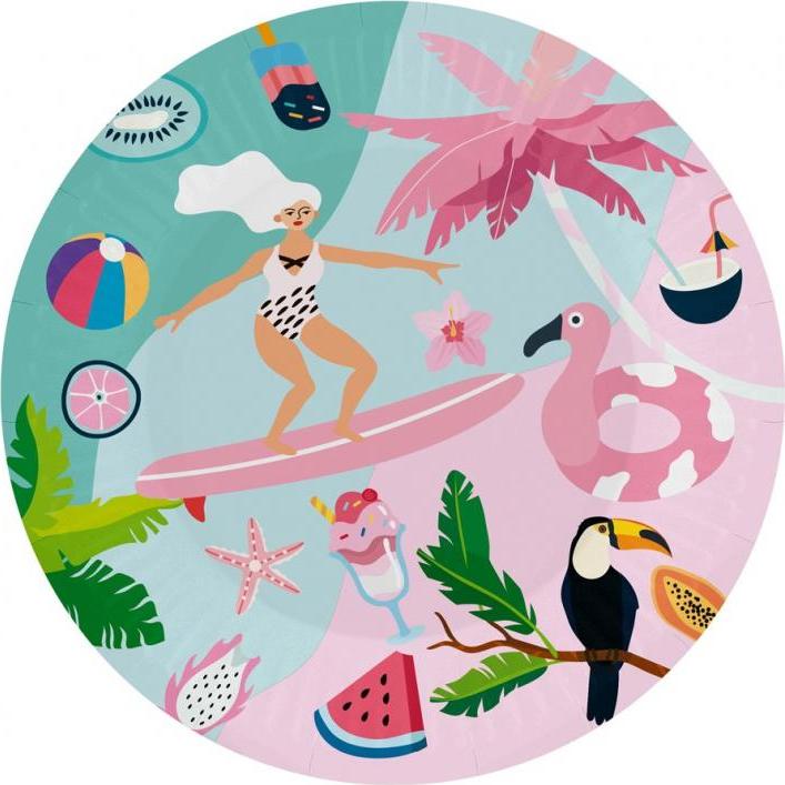 Papírové talíře Summer Collection - Let&#39;s Party (surfing), 18 cm/ 6 ks.