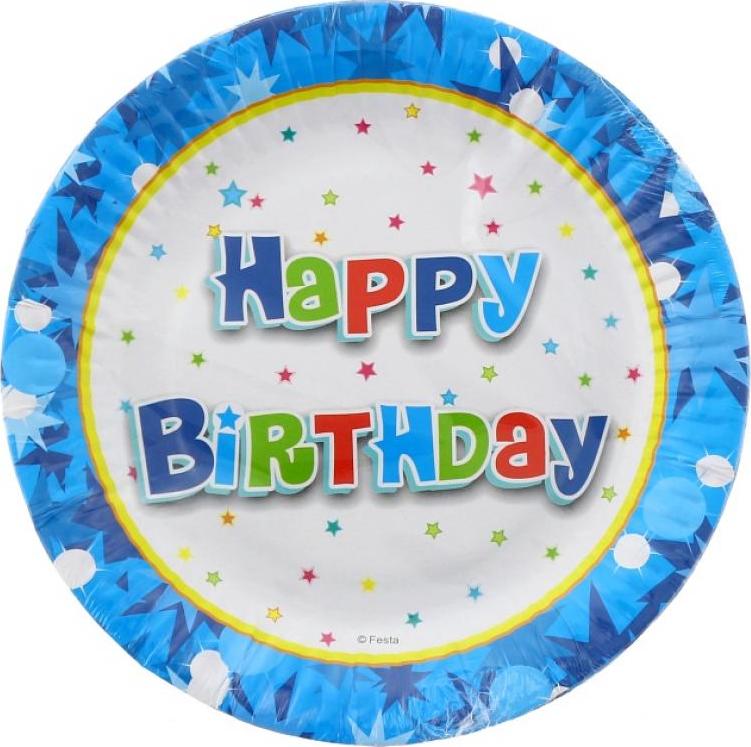 Godan / decorations Papírové talíře Happy Birthday, modré, 18 cm, 6 ks.