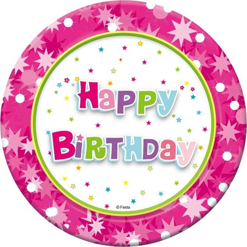 Godan / decorations Papírové talíře Happy Birthday (růžové) 18 cm, 6 ks.