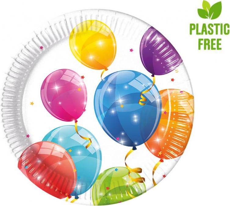 Procos Papírové talíře Sparkling Balloons, další generace, 20 cm, 8 ks (bez plastu)