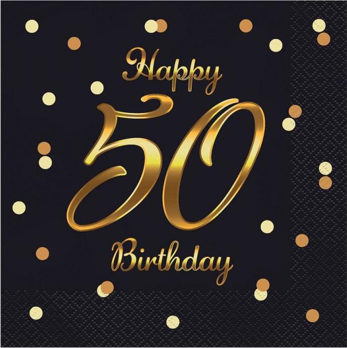 Godan / decorations B&C Happy 50 Birthday ubrousky, černá, zlatý potisk, certifikát FSC, 33x33 cm/ 20 ks.