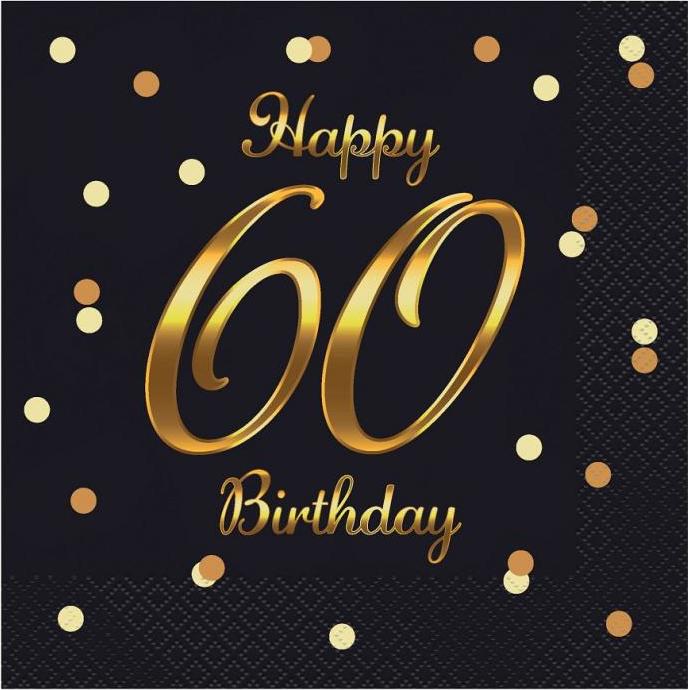 Godan / decorations B&C Happy 60 Birthday ubrousky, černá, zlatý potisk, certifikát FSC, 33x33 cm/ 20 ks.