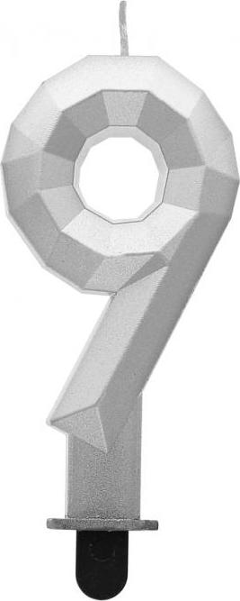 Godan / candles Svíčka číslo 9 - Diamant, metalická stříbrná, 7,6 cm