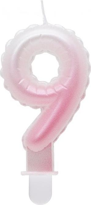 Godan / candles Svíčka číslo 9, ombre, perleťově bílá a růžová, 7 cm