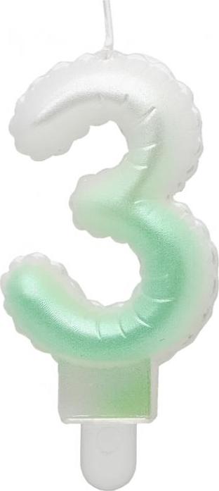 Godan / candles Svíčka číslo 3, ombre, perleťově bílá a zelená, 7 cm