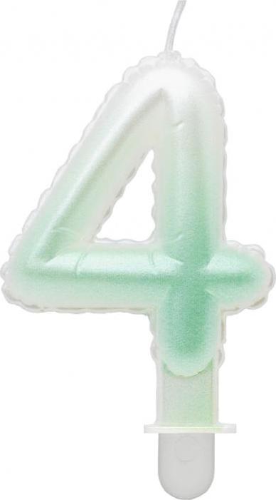 Godan / candles Svíčka číslo 4, ombre, perleťově bílá a zelená, 7 cm