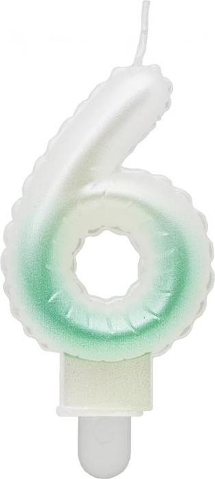Godan / candles Svíčka číslo 6, ombre, perleťově bílá a zelená, 7 cm