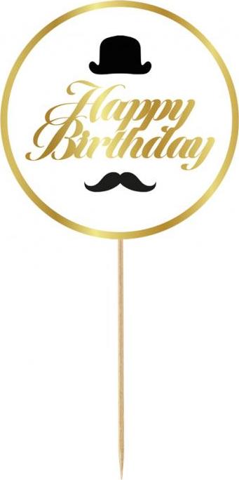 Godan / decorations papírová dekorace na B&G Party dort - Happy Birthday, klobouk a knír, 10 cm
